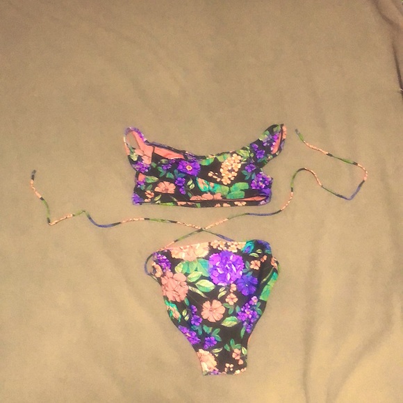 2 piece floral purple, green, black, and coral swimsuit - Picture 2 of 4